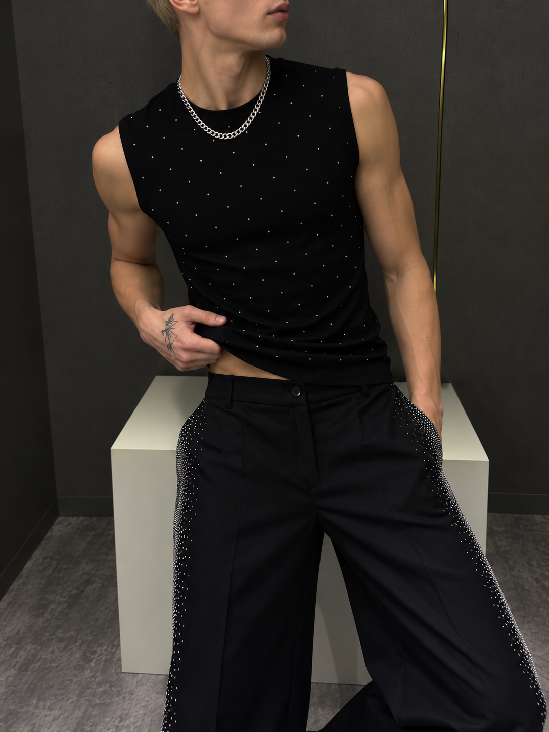 Rhinestone Wide-Leg Pants