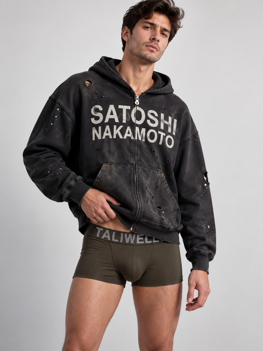 Satoshi Nakamoto Distressed Zip-Up Hoodie
