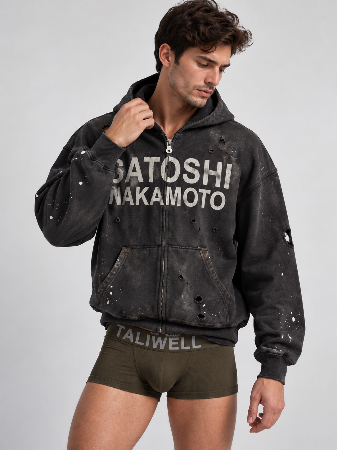 Satoshi Nakamoto Distressed Zip-Up Hoodie