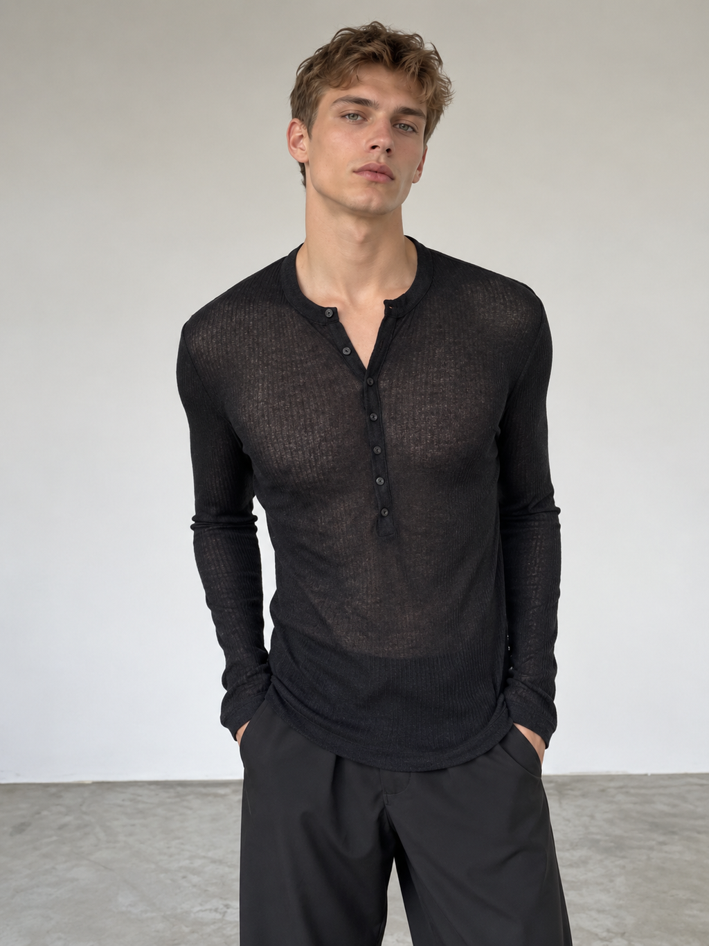 Sheer Ribbed Henley Long Sleeve Top