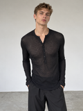 Sheer Ribbed Henley Long Sleeve Top