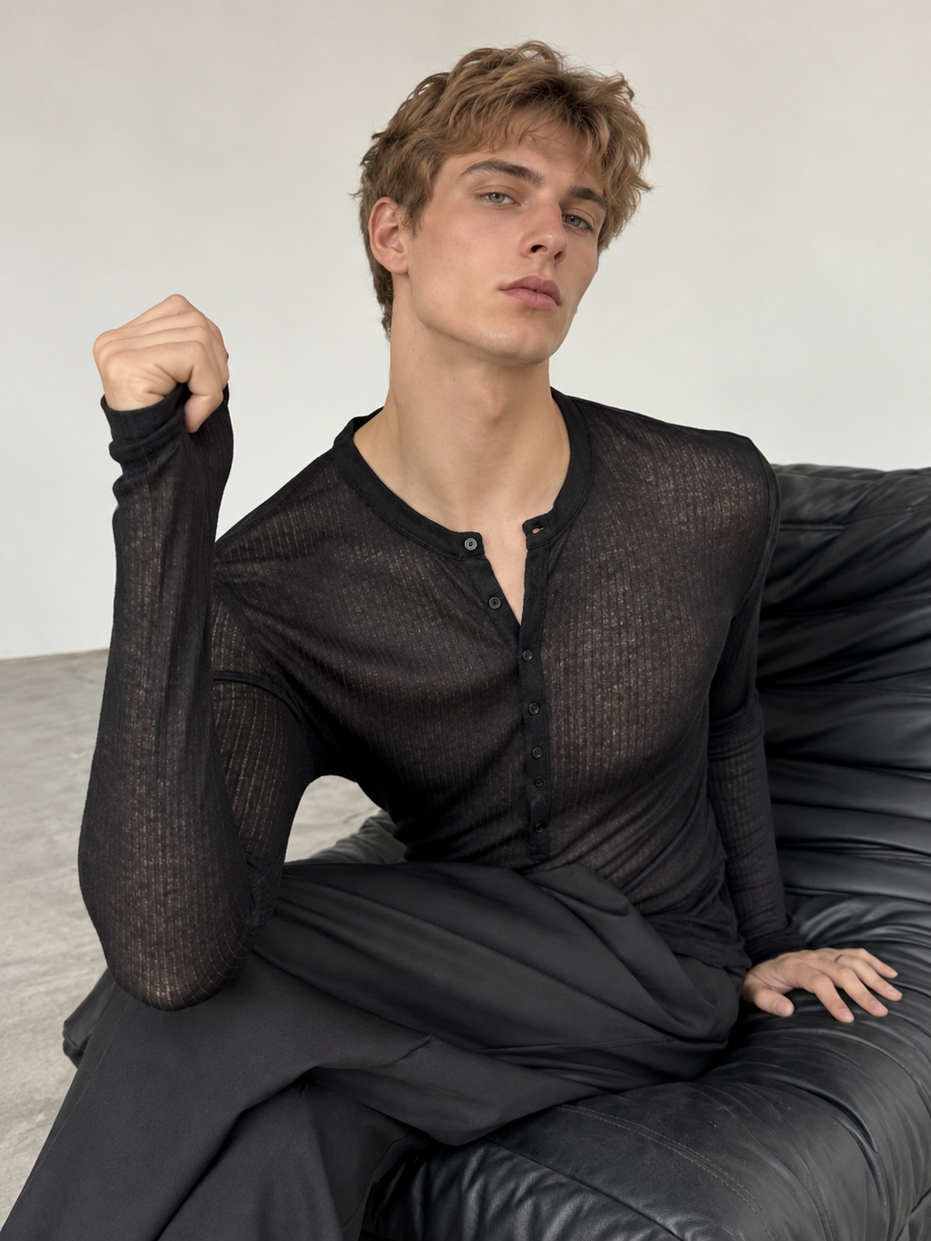 Sheer Ribbed Henley Long Sleeve Top