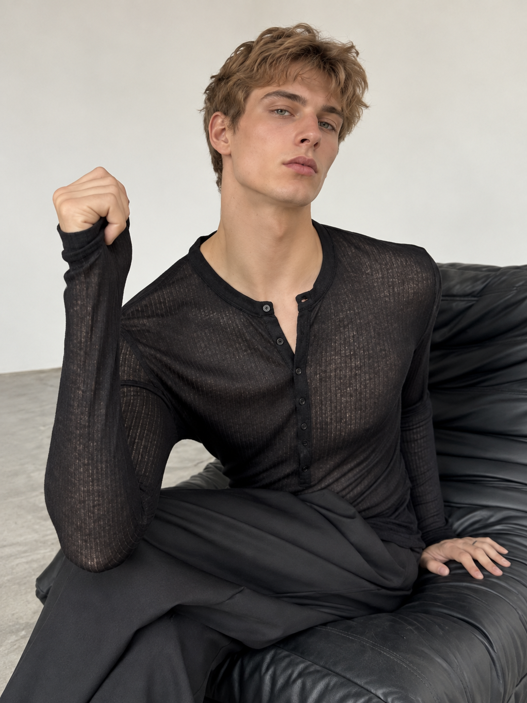 Sheer Ribbed Henley Long Sleeve Top