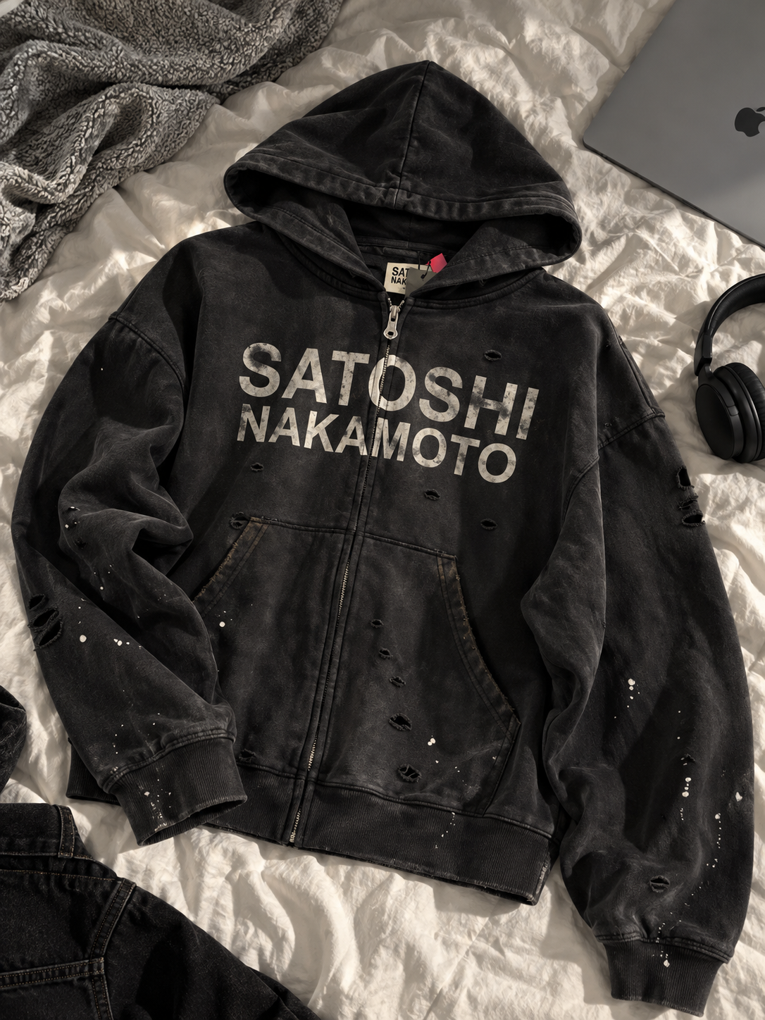 Satoshi Nakamoto Distressed Zip-Up Hoodie
